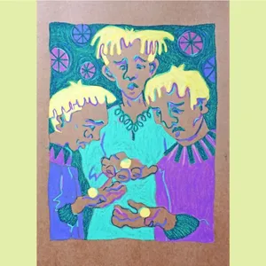 A colorful illustration of three boys, each one holding a cornseed in their hands, looking worried.